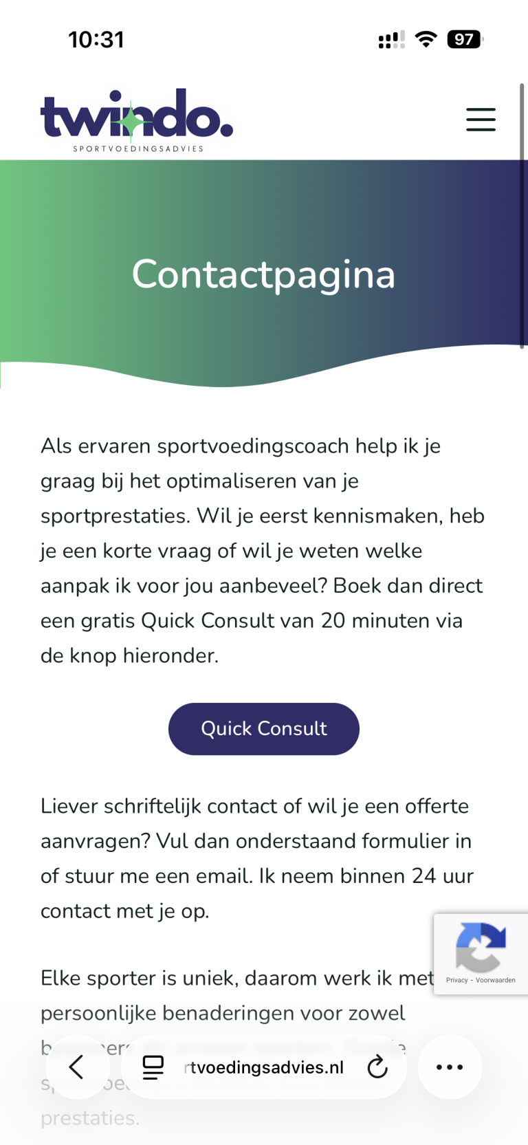 Screenshot TWINDO Sportvoedingsadvies Contact-mobile