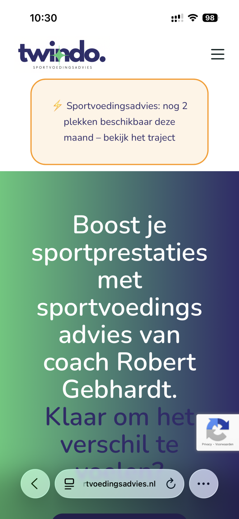 Screenshot TWINDO Sportvoedingsadvies Home-mobile
