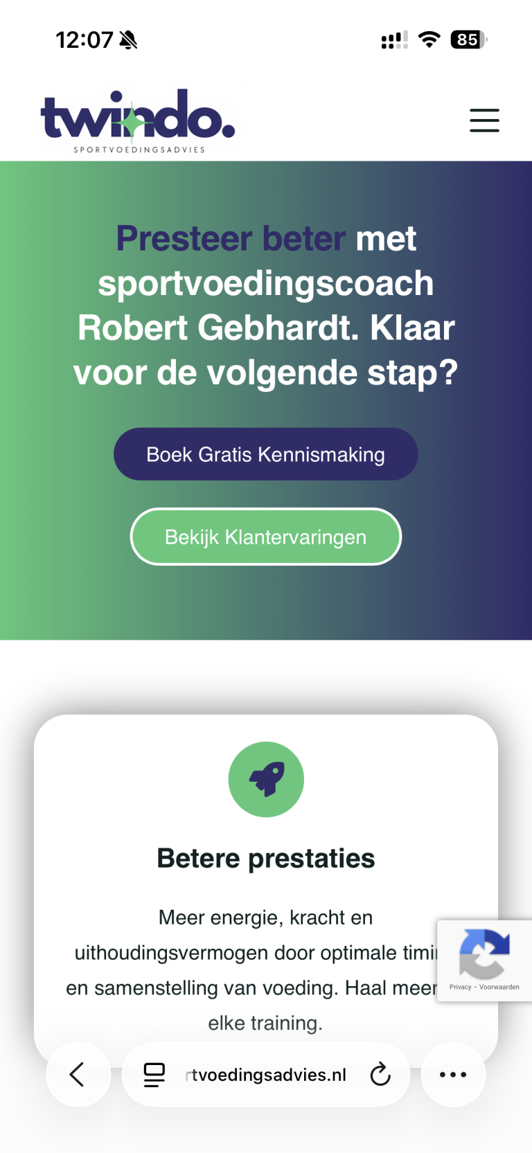 Screenshot TWINDO Sportvoedingsadvies Home-mobile